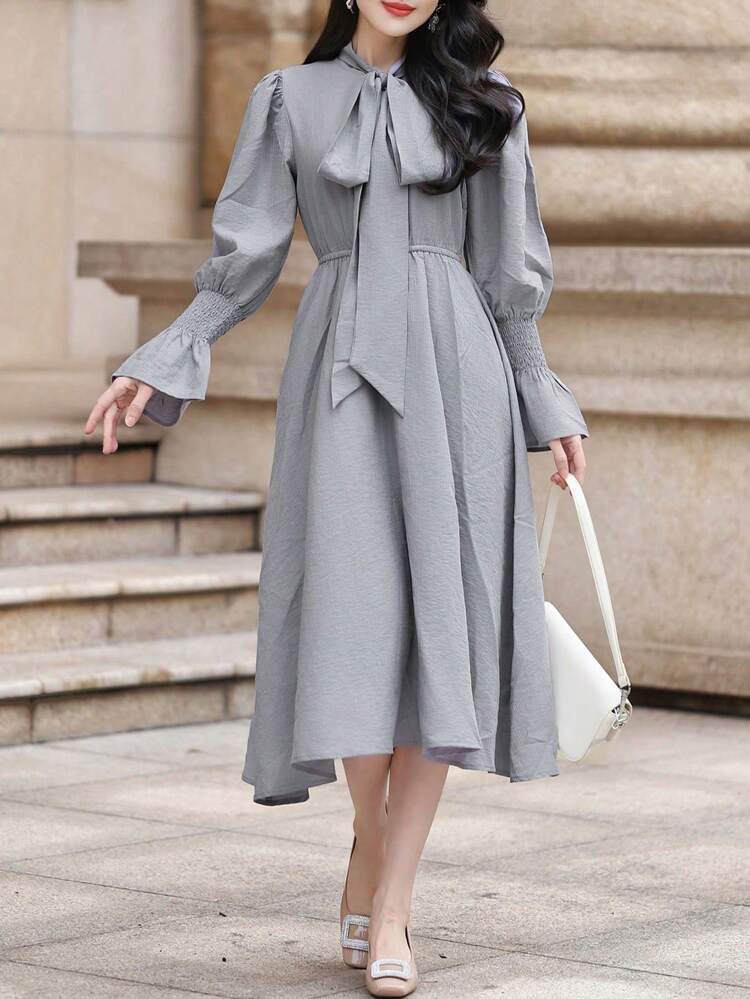 Plain Color Puff Sleeve Flare Collar Mid-Length Women Dress, Fall Dress Long Sleeve Dress