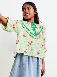 SHEIN 年轻女孩绿色蝴蝶结领荷叶边泡泡袖宽松衬衫，自然与度假风格，春季 - 綠色 - 查看 5