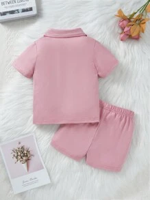 2pcs/Set Baby Girls Solid Color Cute Simple Short Sleeve Shirt And Shorts Homewear Set - Pink - View 2