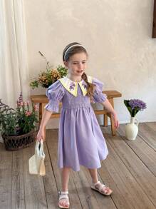 LMoss Kids Vestido casual ajustado con cuello y contraste de color para niña LMoss - Morado - Ver 8