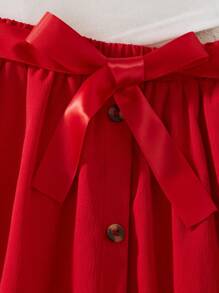 Tween Girls Floral Print Peplum Top With Front Button Decoration And Skirt 2 Pieces Set - Red - View 5