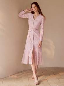 MOTF PREMIUM VESTIDO CORTE SESGADO DE CONTRASTE DE ENCAJE Y MALLA - Rosa - Ver 3