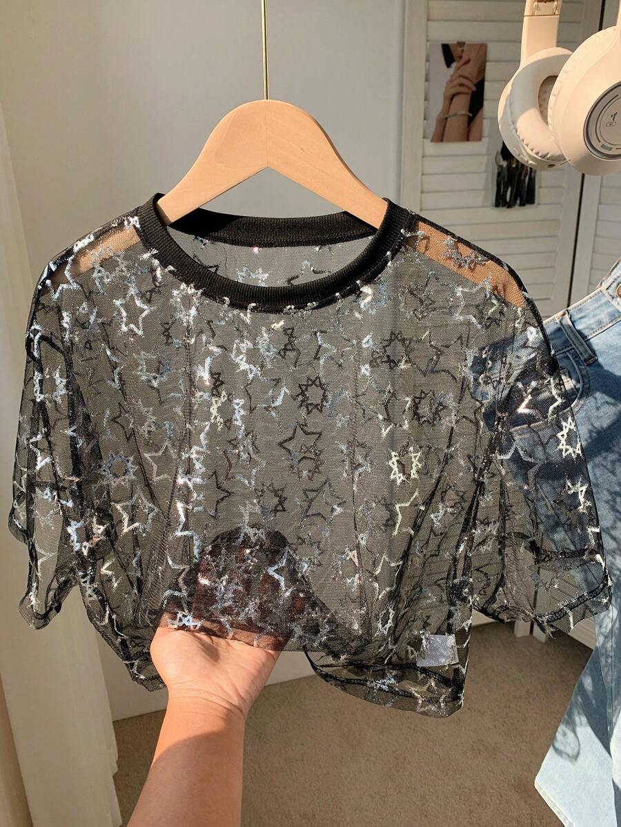 Comfortcana 女士星形网眼圆领短袖上衣