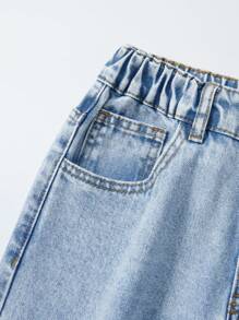 SHEIN Tween Girl All-Match Casual Versatile Light Blue Washed Elastic Waist Loose Straight Leg Jeans - Light Wash - View 7