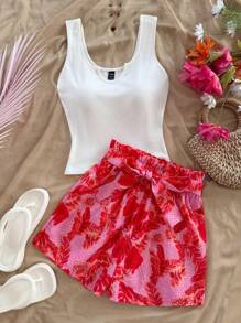 Soleia 2pcs/Set Women's Solid Color Tank Top & Floral Print Shorts, Vacation & Casual Set, Summer Outfit