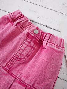 Baby Girl Hot Pink Summer Cute School Denim Skirt,Y2K Style Waist Elastic Ruffled Washed Mini Skirt,Elegant Casual Streetwear 2025 New Arrival Arrival - Pink - View 6