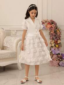 青少年女孩仿珍珠纽扣领泡泡袖衬衫和刺绣裙子 2 件套 - 白色 - 查看 5