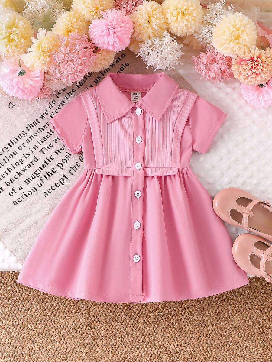 Vestido-camisa de punto rosa de moda para niña bebé (manga corta), verano