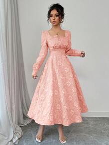 Elenzga 女士秋冬花卉提花优雅复古灯笼袖红色连衣裙长款女装 - 粉色 - 查看 4