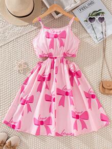 1pcs Pink 8-12 Years Old Girls Tropical Floral Print Retro Trim Camisole Mini Skirt Lightweight Outfit,Cute Summer Vacation Holiday Daily Wear Party - Pink - View 2