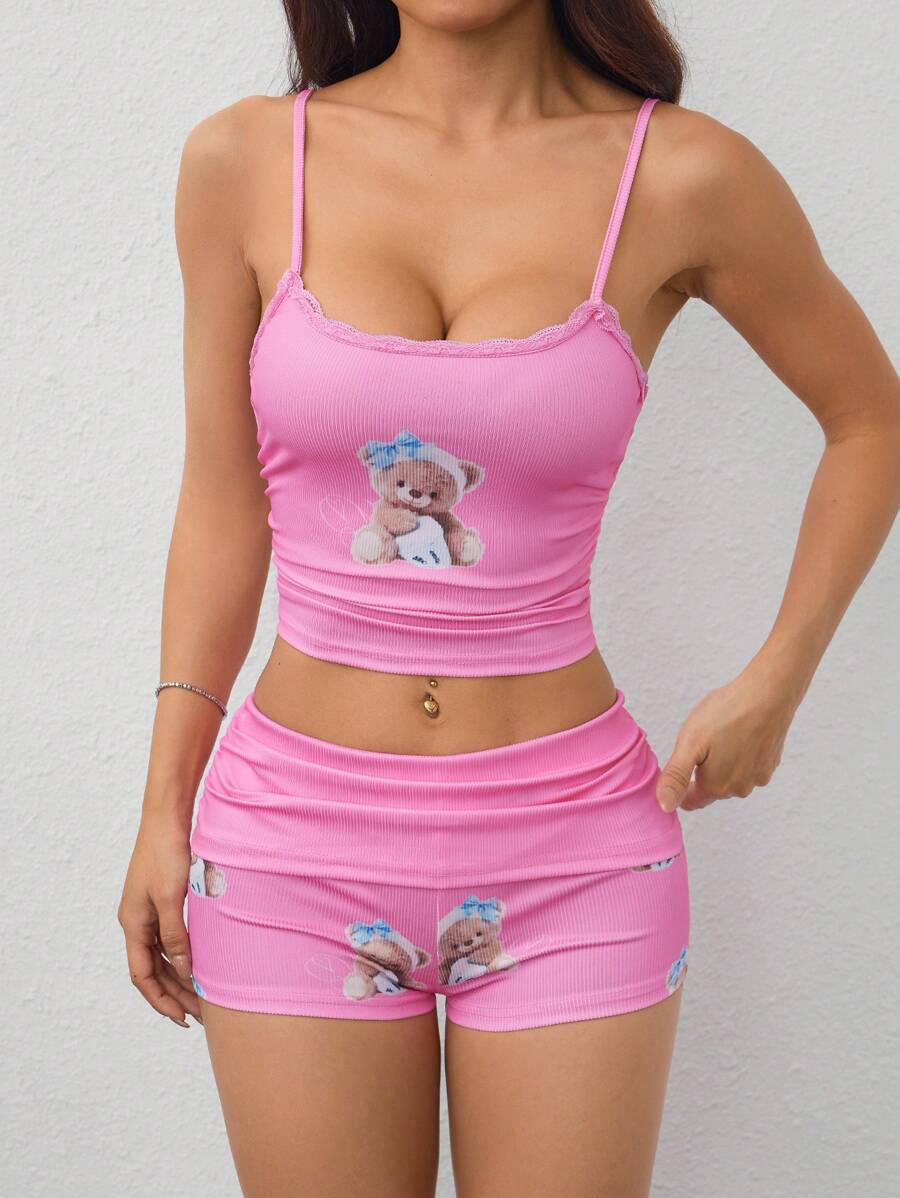 SHEIN PETITE Cartoon Graphic Print Lace Trim Cami Top & Shorts ,Petite Women - Pink - View 1
