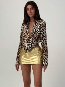 Aloruh Women's Solid Color Metallic Sexy Bodycon Mini Skirt - Gold - View 4