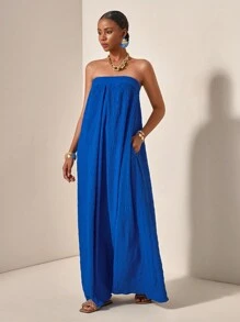 Veslaya 2025 新款夏季音乐节、复活节、圣帕特里克节、西部/波西米亚风格、生日派对、毕业典礼、学生装、日常休闲、百搭百搭、度假、邮轮、海滩、日光浴、模特、新款春夏休闲纯色纹理面料长款口袋连衣裙