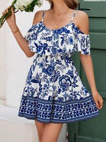 SHEIN Clasi Women's Elegant Open Shoulder Ruffle Hem Blue And White Floral Print A-Line Mini Dress, Vacation/Dating Outfit  Vacation Dress Dresses For Women Summer,Sun Dress