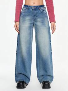 ROMWE Grunge Punk Women's Y2K Streetwear Cherry Blossom Embroidered Low Waist Loose Jeans - Blue - View 5