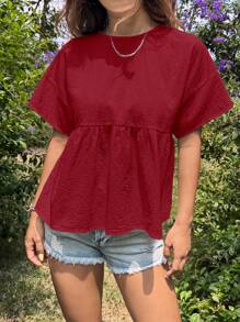 SHEIN EZwear 女士宽松蝙蝠翼短袖衬衫，酒红色 - 酒紅色 - 查看 4