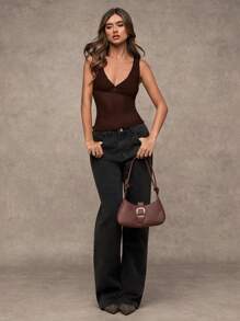 SHEIN BAE 夏季性感花卉印花豹纹复古图案蕾丝女式修身长款背心裙 - 咖啡棕 - 查看 4