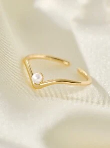 1pc V Shape Faux Pearl Ring, Premium Minimalist Index Finger Band Winter Gifts - Yellow Gold - View 1