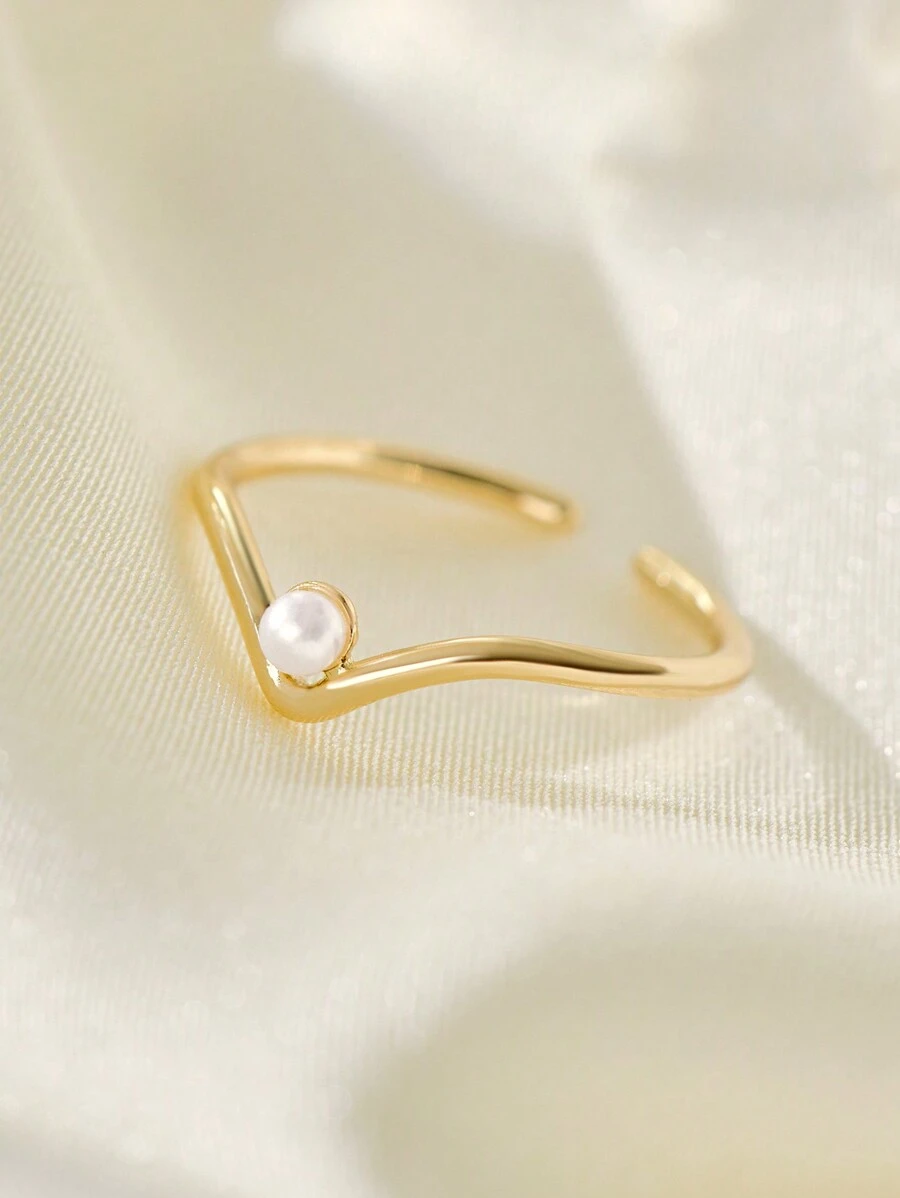 1pc V Shape Faux Pearl Ring, Premium Minimalist Index Finger Band Winter Gifts - Yellow Gold - View 1