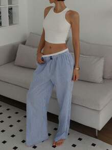 DAZY 简约休闲纯色背心和条纹睡裤女式两件套睡衣套装