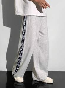 SHEIN 青少年男孩宽松舒适休闲灰色撞色侧边丝带拼接阔腿裤