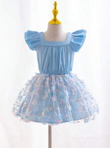 SHEIN 年轻女孩 2 件套：编织纯色领褶边衬衫 + 编织网眼裙，适合婚礼花童的优雅装扮 - 藍色 - 查看 2