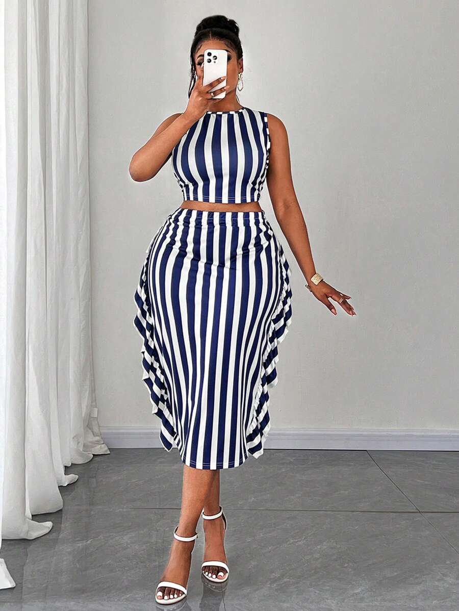 Maweii 大码夏季优雅休闲无袖条纹印花背心和紧身裙 2 件套