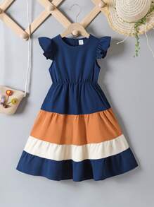 Young Girl Round Neck Cap Sleeve Colorblock Mid-Length Dress - Multicolor - View 1