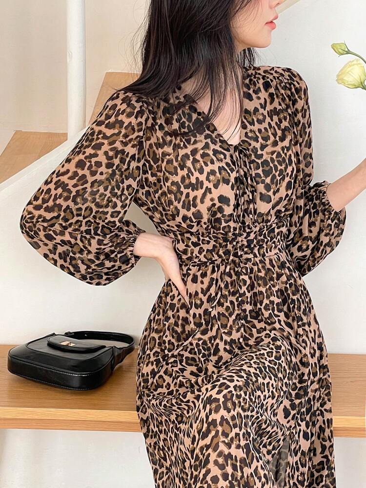 French Style Leopard Print Long Waist-Cinched Dress For Women, Fall Dress Long Sleeve Dress