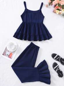 SHEIN Conjunto holgado con volantes y correas cruzadas en azul marino, apropiado para adolescentes en primavera/verano, Eid Al-Adha, vacaciones del Día de la Independencia, tiempo libre, vacaciones, niñas, lindo, cómodo