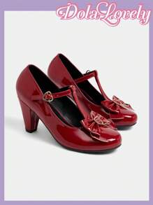 Dola Lovely 女士黑白玛丽珍经典复古洛丽塔蕾丝图案高跟鞋 - 紅色 - 查看 8