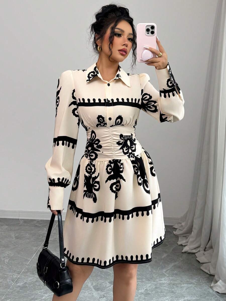 Elenzga Casual Long Sleeve Printed Waist Cinched Dress For Women Fall Cloth For Women - Apricot - View 1