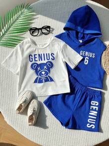 SHEIN Ensemble de 3 pièces pour bébés garçons/filles: Top à capuche tricoté à motif souriant, Top pull à manches courtes col rond tricoté, et short à taille élastiquée