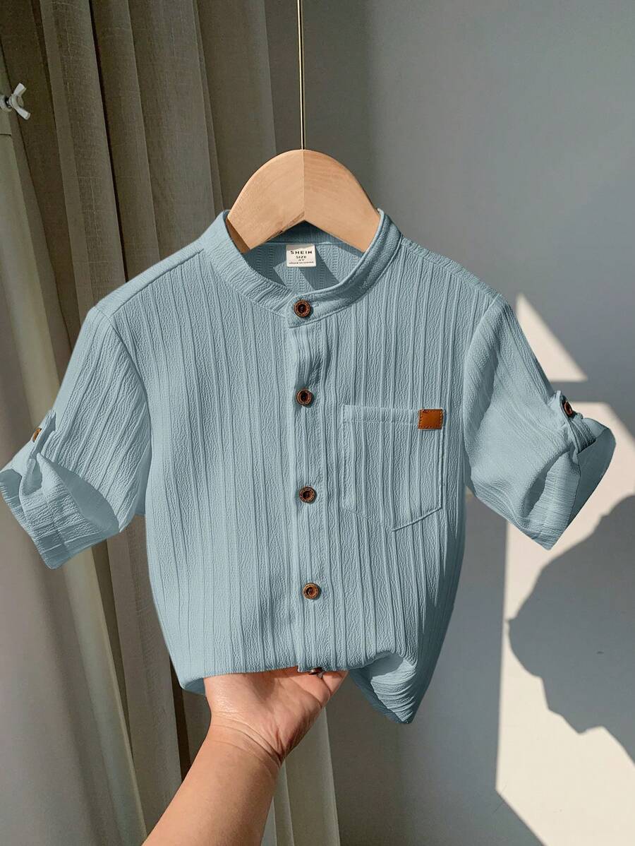 SHEIN LMoss Kids LMoss 1 件装年轻男孩休闲学院风舒适亚麻立领贴袋百搭百搭衬衫 - 霧霾藍 - 查看 1