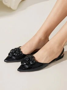 CUCCOO CHICEST Black Camellia Pointed Toe Flats, Cute & Elegant For Casual, Holiday, Party, Valentine's Day, Wedding, Banquet Spring Shoes Spring Break Easter - Black - View 1