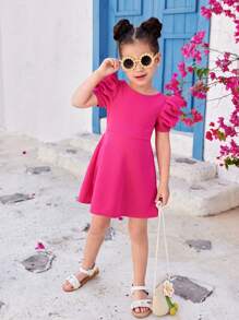 SHEIN Leap Crew Young Girl Daily Casual Solid Color Round Neck Short Sleeve Backless Dress - Hot Pink - View 3