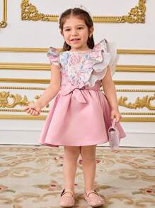 SHEIN Baby Girl 2pcs Set Fitted Cute Round Neck Ruffle Cap Sleeve Shirt And Mini Skirt - Pink - View 5