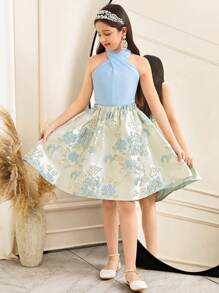 SHEIN Leap Crew Tween Girls 优雅花卉提花吊带上衣和裙子 2 件套 - 藍色 - 查看 1