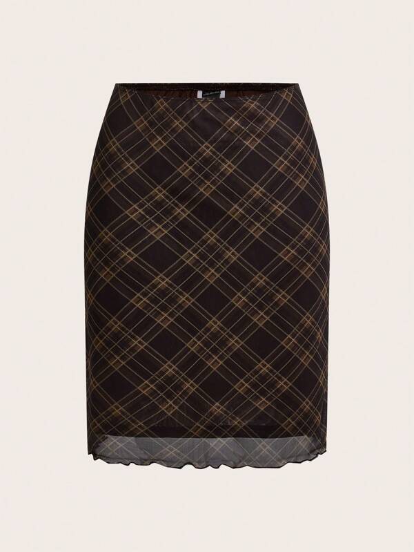 SHEIN EZwear Brown Plaid Woven Women Casual Versatile Knee-Length Skirt