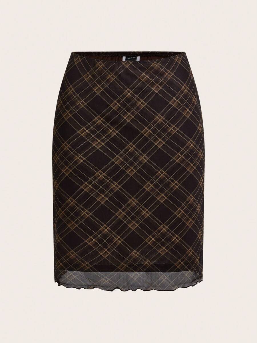 SHEIN EZwear 棕色格子编织女士休闲百搭及膝裙 - 棕色 - 查看 1