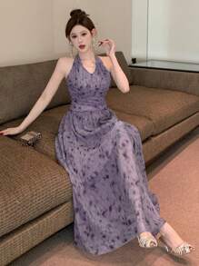 DAZY Damen Batik-Muster plissiertes Neckholder Midi-Kleid für den Sommer, Kleid für Hochzeit mit Blumenmuster - Verschiedenfarbig - Übersicht 8