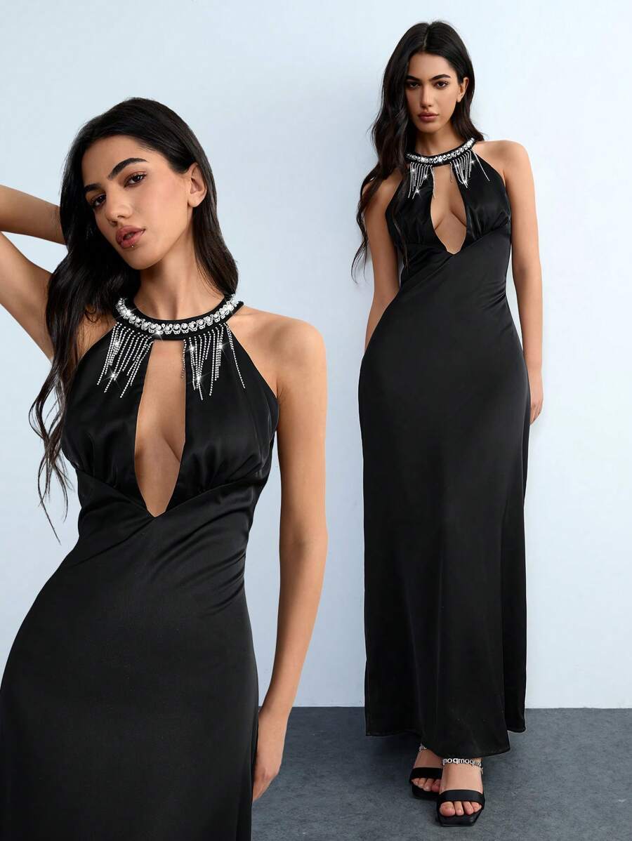 Chiquease Nouvelle robe de soirée élégante pour femme avec paillettes, strass et franges en satin