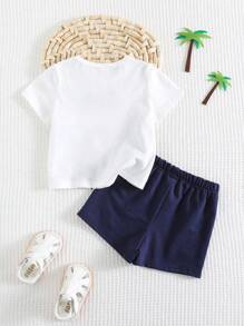 Cozy Pixies 2pcs Baby Boy Set: Coconut Tree Print Soft Knit Crew Neck Short Sleeve Pullover Top And Elastic Waist Shorts, Beach Outfit