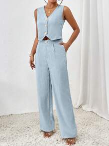 Chiquease Conjunto de Uniforme Casual, Colete na Cor Sólida e Calça Comprida - Azul bebê - Visão 3