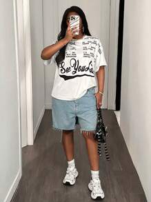 BamGleam BamGla Casual Moda Carta Imprimir Solto Manga Curta T-Shirt Para Mulheres - Branco - Ver 4
