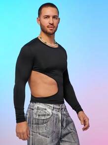 FeverCity Men's Tight Fitting Crew Neck Long Sleeve Hollow Out Waist Knit T-Shirt