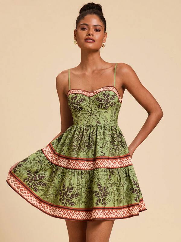 Travachic Robe courte pour femme à bretelles spaghetti, imprimée et tissée