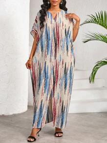 SHEIN Lady Elegant Casual Work Party Striped Print V Neck Slit Butterfly Sleeve Women Dresses Long Dress For Summer Maxi Boho Resort - Multicolor - View 5