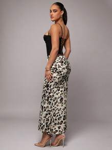 Silquee 女士优雅缎面豹纹长裙，适合通勤、办公室、日常穿着、派对、舞会、工作、聚会、春季及所有季节 - 銅色 - 查看 6