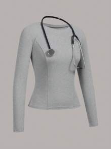 TaskEZ Simple Solid Color Long Sleeve Scrub Uniform Top